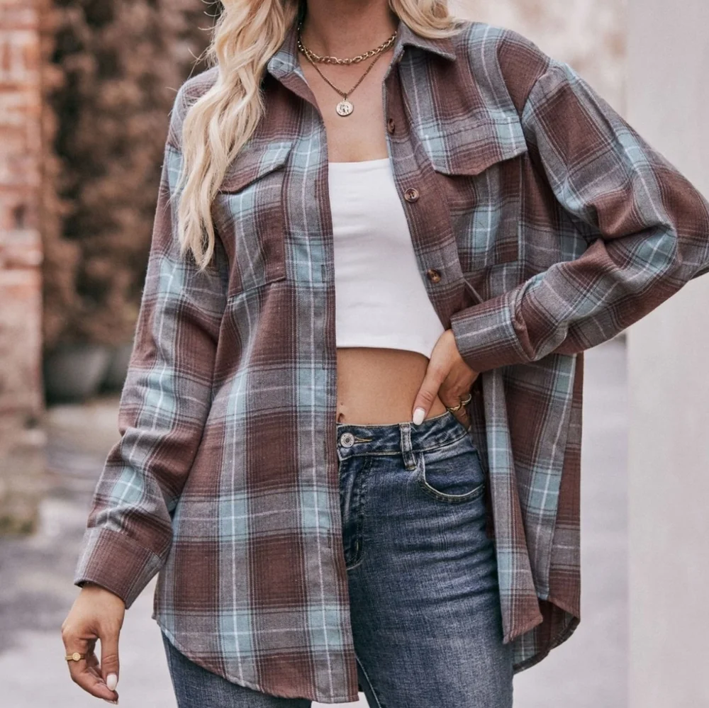 Vivian Plaid Button-Down Shirt - Brown Green - Picture 5 of 6